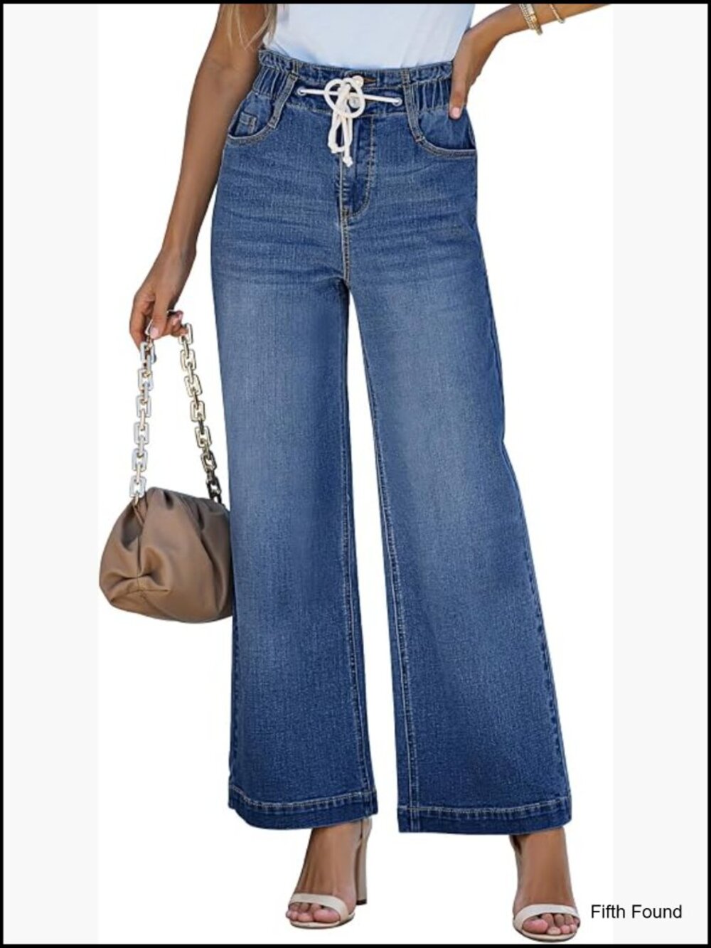 Wide Leg High Waisted Baggy Jeans with Drawstring Stretch Denim